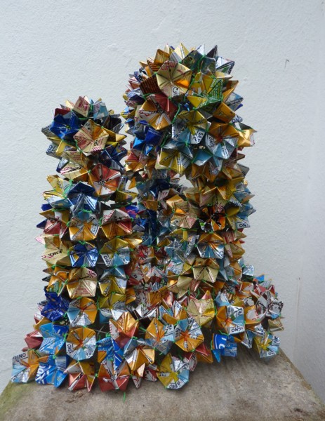 Angela Read Art "Three Towers" gold and blue sculpture made using origami fortune teller shape