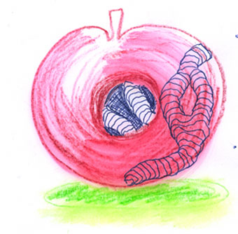 Angela Read Art, sketch book drawing of "Corrupt Apple" in red and green